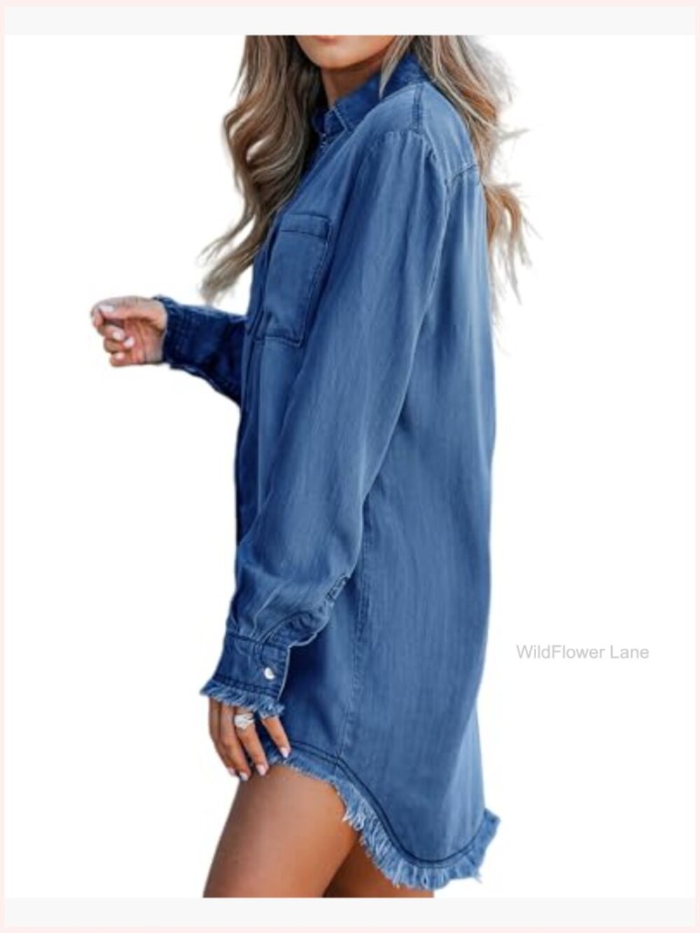 Long Sleeve Denim Shirt Dress with Pockets Button Down Tunic Top - Picture 4 of 7